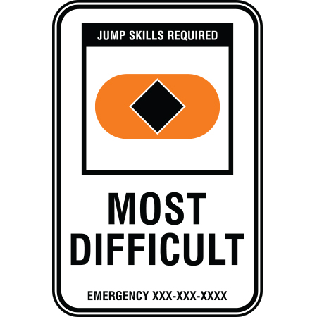 B210 12 x 18, Black Diamond Freeride Mountain Bike Trail Sign, Most Difficult, Emergency #, coroplast and 12 gauge sign grade aluminum sheeted with top quality, high performance print* or vinyl graphics, direct people in all trail systems, technical, cross-country, freeride, downhill, professional, difficulty levels, choose your symbol, custom, mountain bike risk and liability, safety, summer, trail, downhill.. Click to expand image
