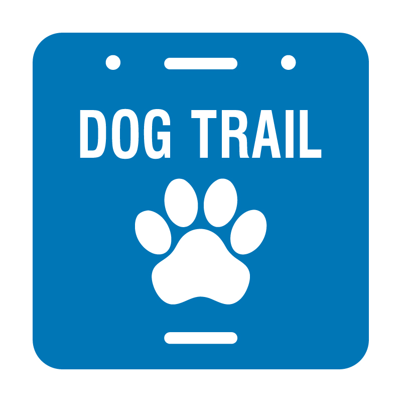 Blue Square Trail Marker with Dog Trail written in a white text and a Paw symbol on it to indicate that this intermediate trail sign is dog friendly