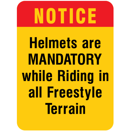 T08b 18" x 24" Notice Helmets are Mandatory while Riding in all Freestyle Terrain, yellow reflective aluminum terrain park sign with rounded corners - ski area sign - Inter-Mtn.. Click to expand image