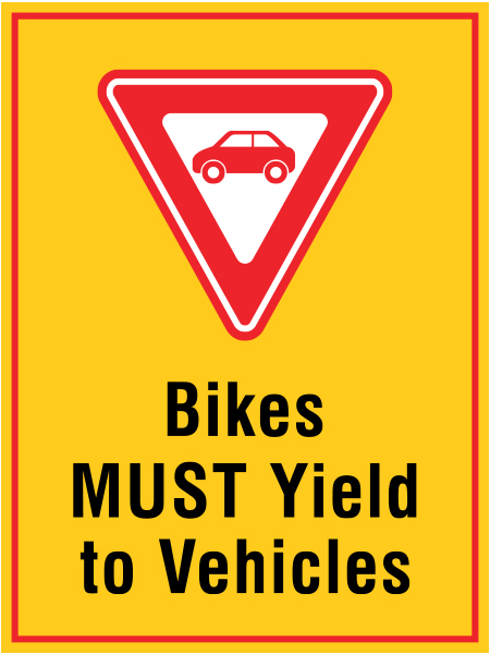 B601, 18 x 24, bikes must yield to vehicles, Mountain bike risk and liability, safety, summer, trail, downhill, available on white or yellow coroplast and 12 gauge sign grade aluminum sheeted with top quality, high performance print* or vinyl graphics.. Click to expand image