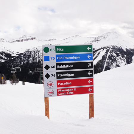 Trail signs are standard re-turned 12 gauge sign grade aluminum and high performance vinyl; resistant to fading, bending, cracking, and rodents. Complementary programs for nordic, fat bike, and snowshoe trails. Available in flat aluminum or wood sign systems with custom programs.. Click to expand image