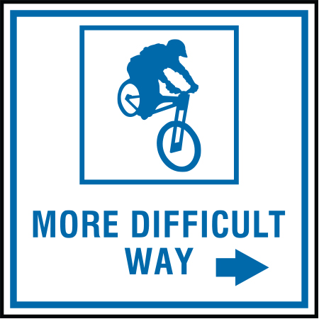 B159 18 x 18, 12 x 12, Blue Mountain Bike Trail Sign, More Difficult Way with Arrow, coroplast and 12 gauge sign grade aluminum sheeted with top quality, high performance print* or vinyl graphics, direct people in all trail systems, technical, cross-country, freeride, downhill, professional, difficulty levels, choose your symbol, custom, mountain bike risk and liability, safety, summer, trail, downhill. Click to expand image