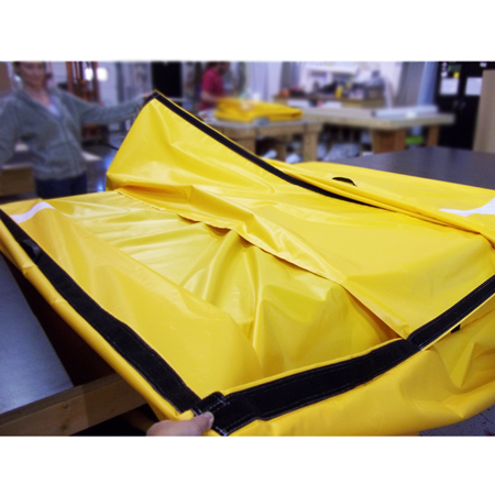 Crash Mat Cover Only (No Foam) 8' x 7.5' x 30" with Mesh Air Release and 4 Webbing Handles Sewn into Sean with Velcro Closure - Yellow 18oz Vinyl.. Click to expand image