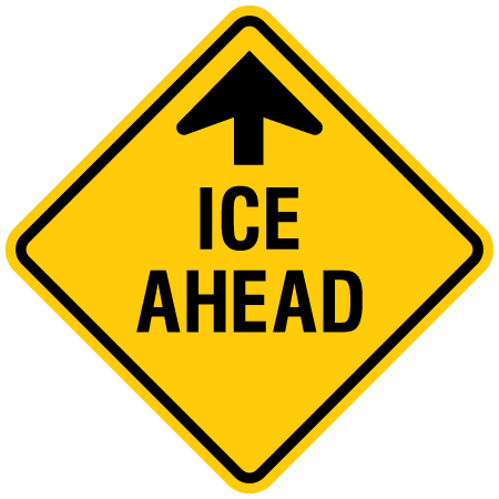 Ice ahead with arrow sign for snowmobile clubs by Inter-Mtn.