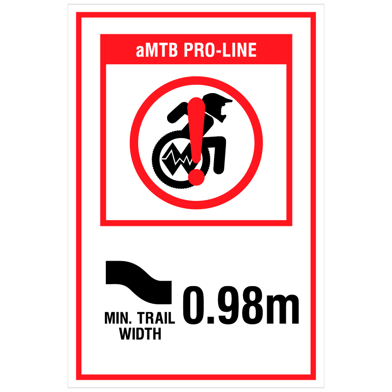 aMTB Pro-Line - Extreme trail features not suitable for most adaptive equipment. Signage for adaptive mountain biking technical trails shows trail designation. The aMTB symbol indicates accessibility for adaptive bikes/riders on adaptive bike-friendly aMTB trails on trail networks.