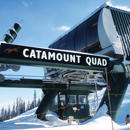 Custom designed signs identify lifts and buildings. Logos provide photo and branding opportunities. Aluminum panels or cut metal letters and logos.. Click to expand image