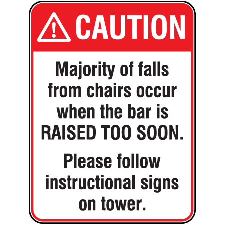 L304 Caution Majority of falls from chairs occur when the bar is raised too soon 18" x 24" White Reflective Aluminum lift sign for ski areas - produced by Inter-Mtn.. Click to expand image