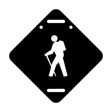 E122, 11.5 x 11.5, hiking graphic, black diamond polythylene disc, UV protected and cost effective marking signs, holes on top to hang from rope, slots top and bottom to fit over bamboo poles, trail and ability markers.. Click to expand image