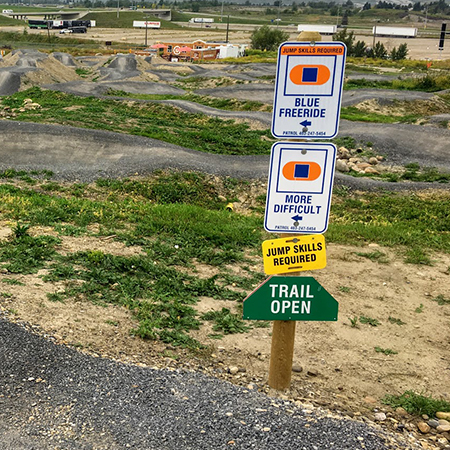 D55, 11.5 x 7, Jump Skills Required, yellow rectangle polythylene disc, UV protected and cost effective marking signs, holes on top to hang from rope, slots top and bottom to fit over bamboo poles, trail and ability markers.. Click to expand image