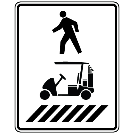 R-111-1 Pedestrian, golf cart, crosswalk, left, 24 x 30. Reflective aluminum, traffic sign for all parks, recreational facilities, municipal, city, town. Rules and conditions of your specific area, jurisdiction, produced by Inter-Mtn.. Click to expand image