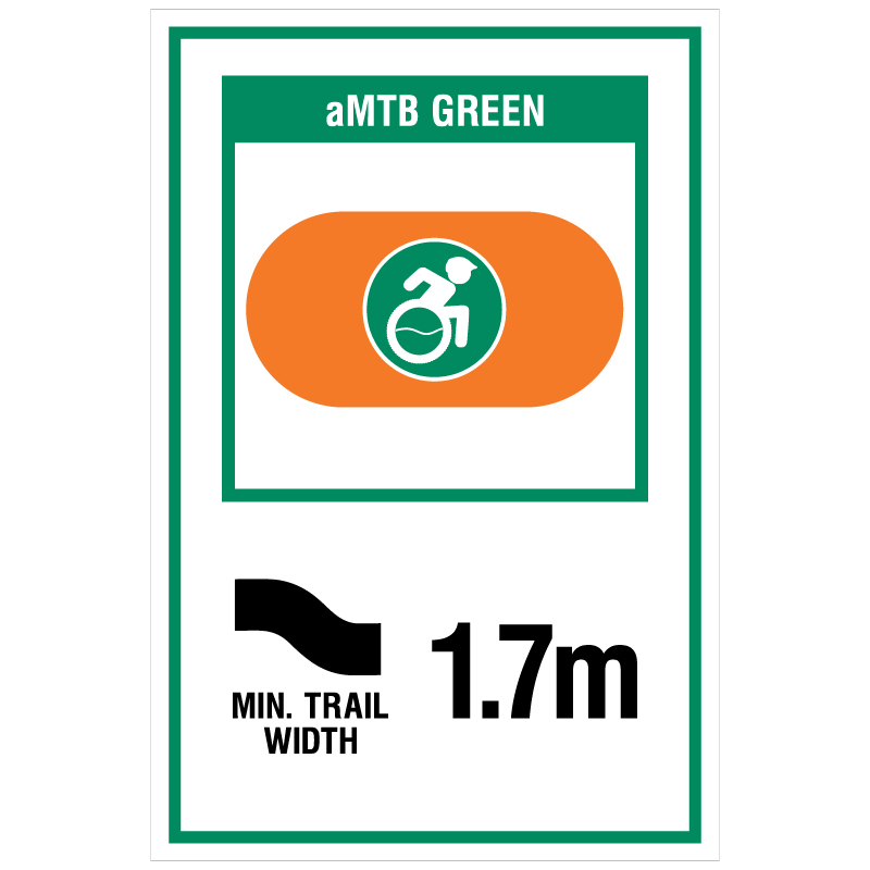aMTB Green - Beginner features and moderate terrain. Signage for adaptive mountain biking freeride trails shows trail designation surrounded by an orange pill. The aMTB symbol indicates accessibility for adaptive bikes/riders on adaptive bike-friendly aMTB trails on trail networks.