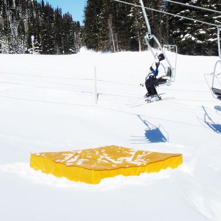 Crash Mats with Foam 6' x 6' x 30" with Mesh Air Release and 4 Webbing Handles Sewn into Seam with Velcro Closure - Yellow 18oz Vinyl.. Click to expand image