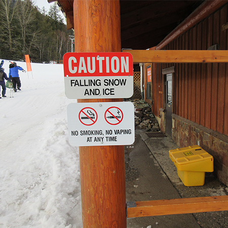 H126 CAUTION Falling Ice and Snow 24" x 18" White Reflective Aluminum Sign produced by Inter-Mtn.. Click to expand image