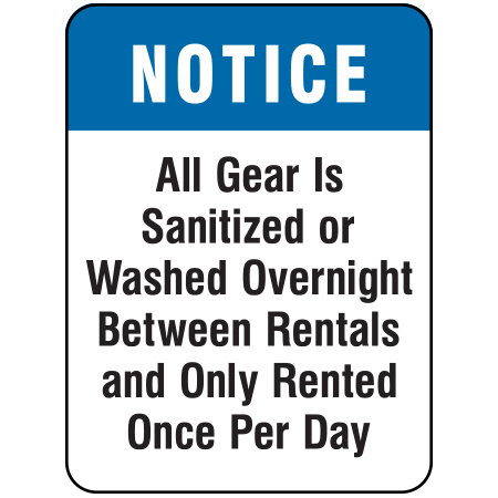 F160 All Gear is Sanitized or Washed 18" x 24", white reflective aluminum physical distancing and covid sign with rounded corners - Inter-Mtn.. Click to expand image