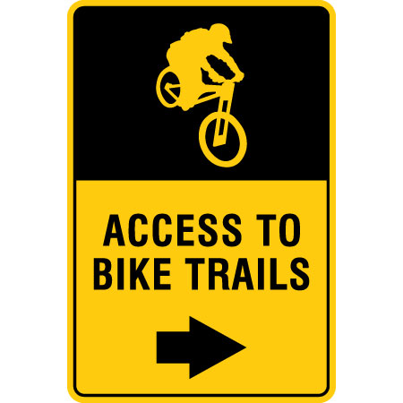B604, 24 x 36, access to bike trails, Mountain bike risk and liability, safety, summer, trail, downhill, available on white or yellow coroplast and 12 gauge sign grade aluminum sheeted with top quality, high performance print* or vinyl graphics.. Click to expand image