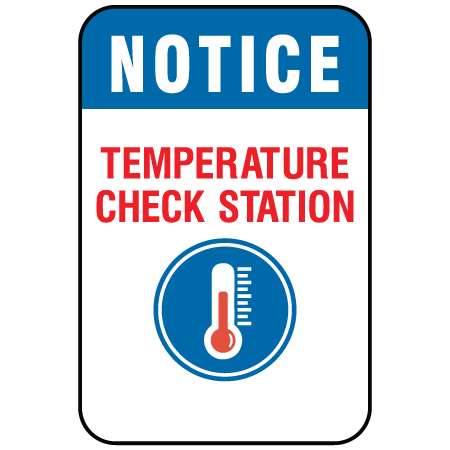 F055 Notice Temperature Check Station 12" x 18", white reflective aluminum physical distancing and covid sign with rounded corners - Inter-Mtn.. Click to expand image