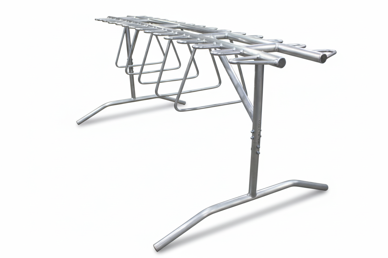 Add multiseasonal use to Inter-Mtn.'s standard ski rack with a simple addition to include bikes
Inter-Mtn.’s 10’ standard aluminum ski rack with removable legs was designed to hold a combination of up to 30 pairs of skis/snowboards and 4 adult-sized bikes
Spacing is available in our standard 2/3 ski and 1/3 snowboard, full ski, full snowboard, one side ski and one side snowboard, or custom