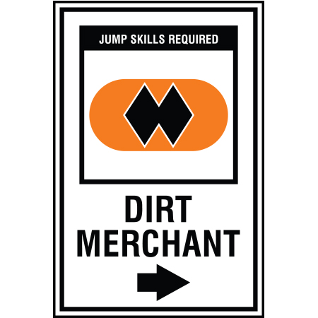 B213 12 x 18, Double Black Diamond Freeride Mountain Bike Trail Sign, Dirt Merchant with Arrow, coroplast and 12 gauge sign grade aluminum sheeted with top quality, high performance print* or vinyl graphics, direct people in all trail systems, technical, cross-country, freeride, downhill, professional, difficulty levels, choose your symbol, custom, mountain bike risk and liability, safety, summer, trail, downhill.. Click to expand image