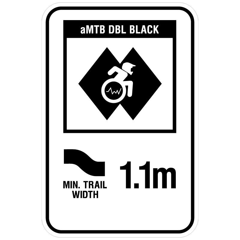 aMTB DBL Black - Expert trail features not suitable for some adaptive equipment. Signage for adaptive mountain biking technical trails shows trail designation. The aMTB symbol indicates accessibility for adaptive bikes/riders on adaptive bike-friendly aMTB trails on trail networks.. Click to expand image