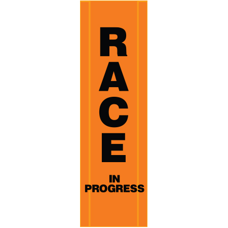 BV11 Race in Progress, high visibility orange vertical mesh banner 18x60, high visibility orange mesh banner 84x30, tear and mildew resistant high tenacity polyester, coated with fade resistant high vis orange vinyl, grommets and sleeves on sides for bamboo poles. Click to expand image