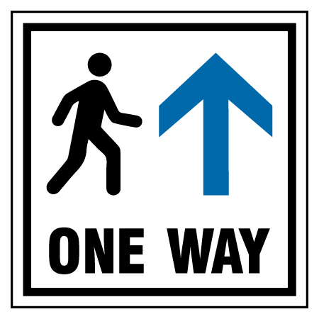 F150 One way with arrow and walking symbol, white reflective aluminum physical distancing and covid sign with rounded corners - Inter-Mtn.. Click to expand image