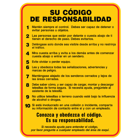 H604s Your Responsibility Code (Spanish) - US Version. aluminum Sign by Inter-Mtn.. Click to expand image