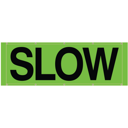 BH01 slow high visibility green mesh banner 84x30, tear and mildew resistant high tenacity polyester, coated with fade resistant high vis green vinyl, grommets and sleeves on sides for bamboo poles. Click to expand image