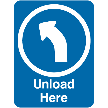 L502 Unload Here with Left Directional Arrow 18" x 24" Blue Reflective Aluminum lift sign for ski areas - produced by Inter-Mtn.. Click to expand image