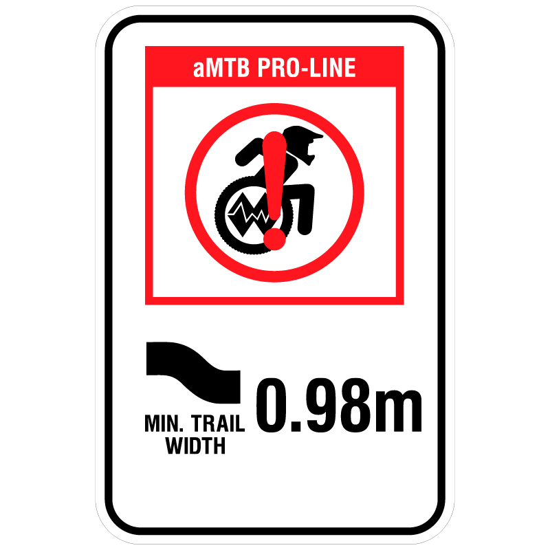 aMTB Pro-Line - Extreme trail features not suitable for most adaptive equipment. Signage for adaptive mountain biking technical trails shows trail designation. The aMTB symbol indicates accessibility for adaptive bikes/riders on adaptive bike-friendly aMTB trails on trail networks.. Click to expand image