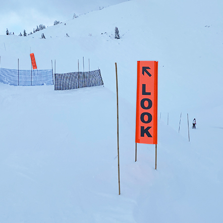 BV07 Look Right Arrow, high visibility orange vertical mesh banner 18x60, high visibility orange mesh banner 84x30, tear and mildew resistant high tenacity polyester, coated with fade resistant high vis orange vinyl, grommets and sleeves on sides for bamboo poles.. Click to expand image
