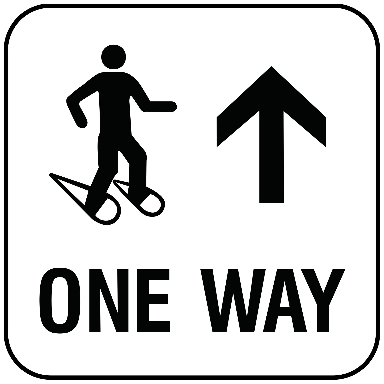 Directional snowshoe sign reads One Way with an arrow and a pictogram for winter adventure and outdoor recreation