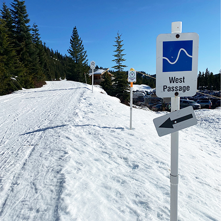 W153 Blue Nordic with Custom Trail Name 18" x 24", white reflective aluminum nordic sign with rounded corners - ski area sign - Inter-Mtn.. Click to expand image