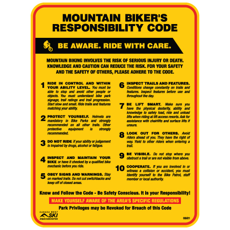 B702 18 x 24, Mountain Bike Responsibility Code CDN, coroplast, 12 gauge sign grade aluminum sheeted with top quality prismatic reflective, high performance print or vinyl graphics, important information, liability, you assume the risk of injury, mountain bike, bike park, trail sign.. Click to expand image