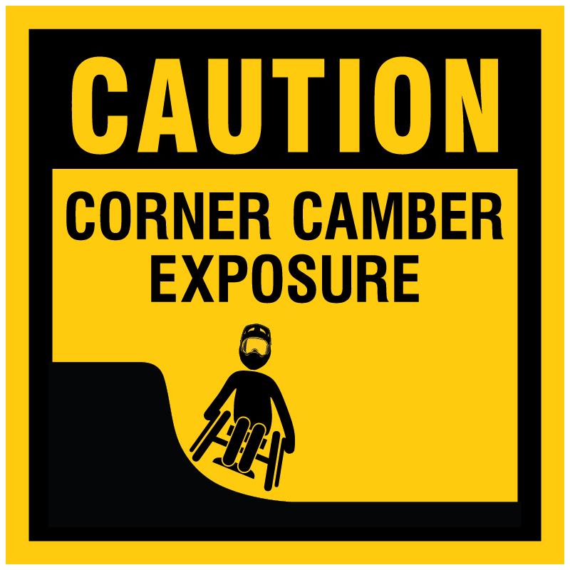 Caution corner camber exposure. Signage for adaptive mountain biking technical trails shows trail designation. The aMTB symbol indicates accessibility for adaptive bikes/riders on adaptive bike-friendly aMTB trails on trail networks.. Click to expand image