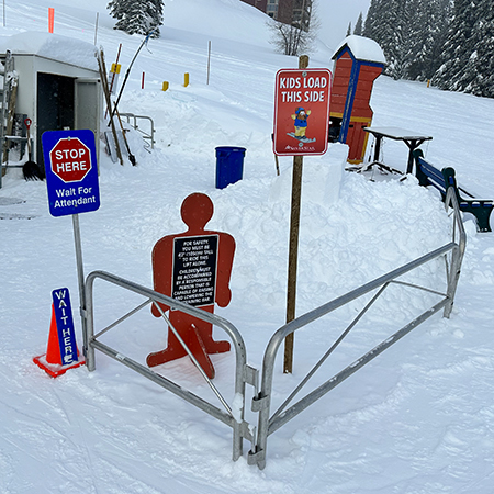 L100 L216 Wait Here, Stop Here Wait For Attendant 4" x 18" Blue Reflective Aluminum lift sign for ski areas produced by Inter-Mtn.. Click to expand image