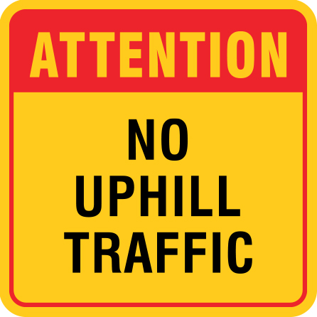 B310, 18 x 18, 12 x 12, attention no uphill traffic, Mountain bike risk and liability, safety, summer, trail, downhill, available on white or yellow coroplast and 12 gauge sign grade aluminum sheeted with top quality, high performance print* or vinyl graphics.. Click to expand image
