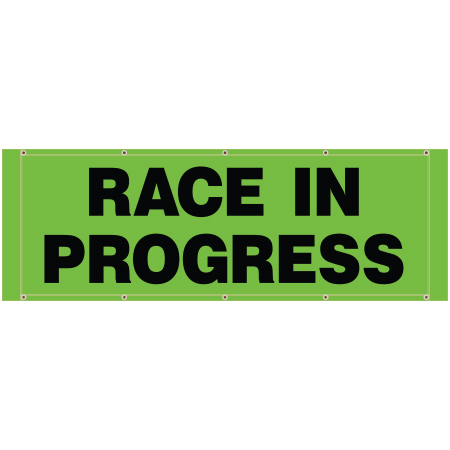 BH06 race in progress, high visibility green mesh banner 84x30, tear and mildew resistant high tenacity polyester, coated with fade resistant high vis green vinyl, grommets and sleeves on sides for bamboo poles. Click to expand image