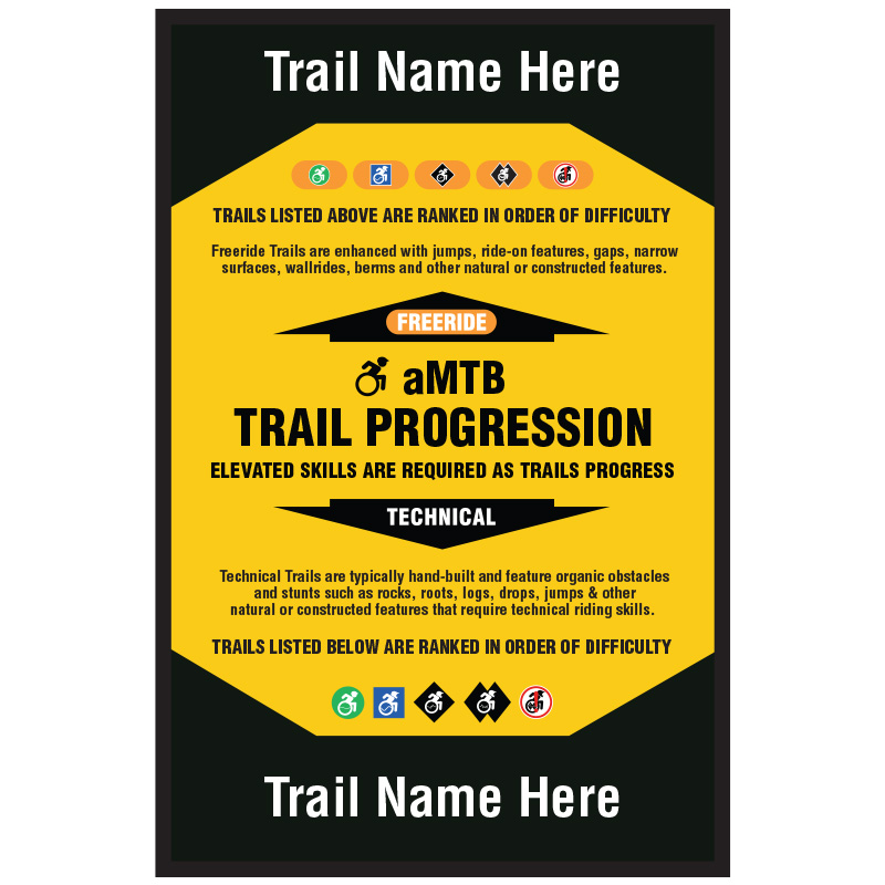 aMTB trail progression. Signage for adaptive mountain biking technical trails shows trail designation with freeride and technical. The aMTB symbol indicates accessibility for adaptive bikes/riders on adaptive bike-friendly aMTB trails on trail networks.. Click to expand image