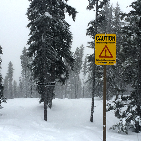 H112 Caution Marginal Skiing Conditions, Skiing/Riding Not Recommended Use Extreme Caution 18" x 24" Yellow Reflective Aluminum Sign produced by Inter-Mtn.. Click to expand image