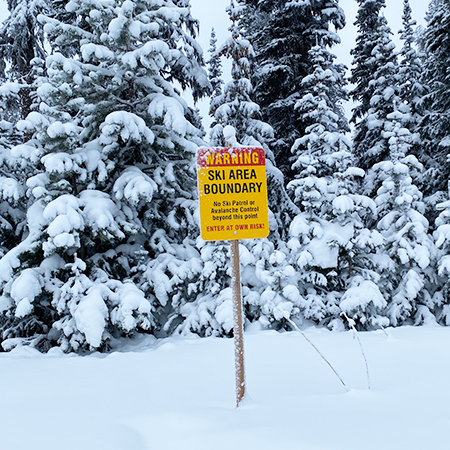 H400 18" x 24" Ski Area Boundary No Ski Patrol or Avalanche Control beyond, yellow reflective aluminum closure sign with rounded corners - ski area sign - Inter-Mtn.. Click to expand image