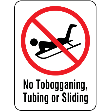 H117 No Tobogganing, Tubing or Sliding 18" x 24" White Reflective Aluminum Sign produced by Inter-Mtn.. Click to expand image