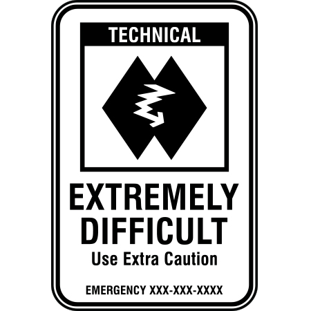 B234 12 x 18, Double Black Diamond Technical Mountain Bike Trail Sign, Extremely Difficult / Emergency #, coroplast and 12 gauge sign grade aluminum sheeted with top quality, high performance print* or vinyl graphics, direct people in all trail systems, technical, cross-country, freeride, downhill, professional, difficulty levels, choose your symbol, custom, mountain bike risk and liability, safety, summer, trail, downhill.. Click to expand image