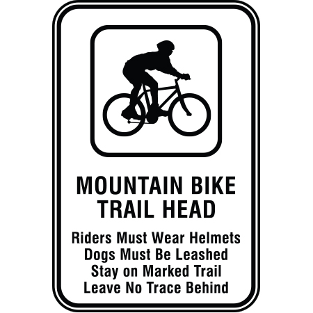 R113 Mountain Bike Trail Head, riders must wear helmets, dogs must be leashed, stay on marked trails, leave no trace behind, 12 x 18, White Reflective Aluminum Sign, simple message for all parks and recreational facilities. Signs can be easily adapted to BC Parks, Parks Canada, rules and conditions of your specific area, jurisdiction, produced by Inter-Mtn.. Click to expand image