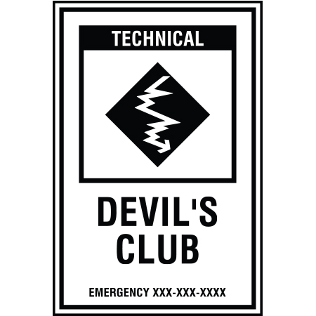 B228 12 x 18, Black Diamond Technical Mountain Bike Trail Sign, Devil's Club, Emergency #, coroplast and 12 gauge sign grade aluminum sheeted with top quality, high performance print* or vinyl graphics, direct people in all trail systems, technical, cross-country, freeride, downhill, professional, difficulty levels, choose your symbol, custom, mountain bike risk and liability, safety, summer, trail, downhill.. Click to expand image