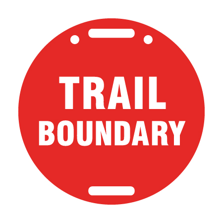 D67, 11.5 x 11.5, Trail Boundary, red circle polythylene disc, UV protected and cost effective marking signs, holes on top to hang from rope, slots top and bottom to fit over bamboo poles, trail and ability markers.. Click to expand image