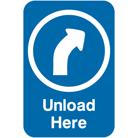 L503 Unload Here with Right Directional Arrow 12" x 18" Blue Reflective Aluminum lift sign for ski areas - produced by Inter-Mtn.. Click to expand image