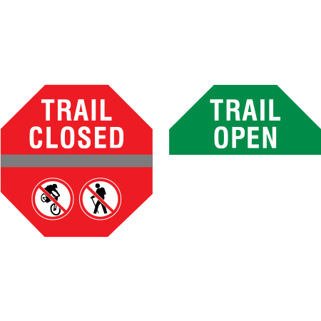 R501 Trail Closed, Trail Open, 18 x 24, 24 x 24 octagon Flip Sign, reflective aluminum, hiking and biking message for all parks and recreational facilities. Rules, conditions, and instructions of your specific area, jurisdiction, produced by Inter-Mtn.. Click to expand image