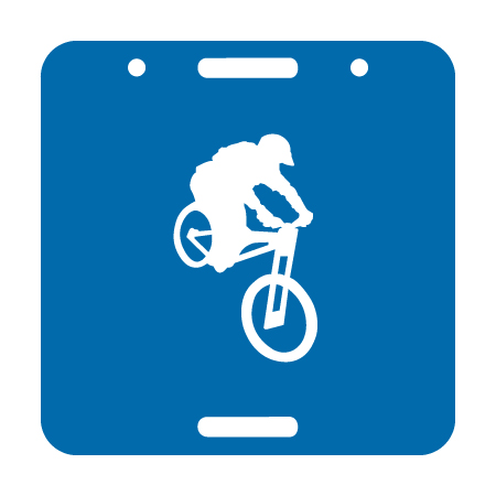 E117, 11.5 x 11.5, mountain bike graphic, blue square polythylene disc, UV protected and cost effective marking signs, holes on top to hang from rope, slots top and bottom to fit over bamboo poles, trail and ability markers.. Click to expand image