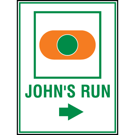 B201 18 x 24, Green Freeride Mountain Bike Trail Sign, Johns Run with Arrow, coroplast and 12 gauge sign grade aluminum sheeted with top quality, high performance print* or vinyl graphics, direct people in all trail systems, technical, cross-country, freeride, downhill, professional, difficulty levels, choose your symbol, custom, mountain bike risk and liability, safety, summer, trail, downhill.. Click to expand image