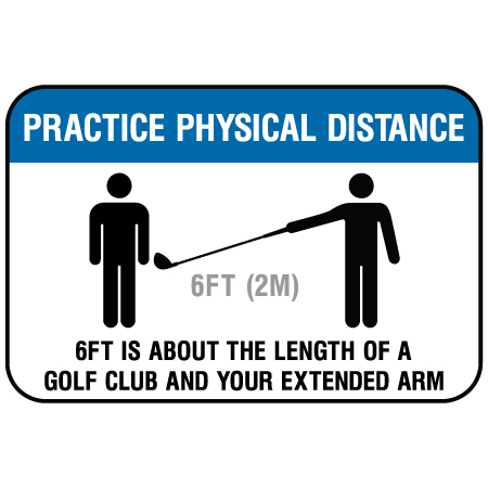 F305 Practice Physical Distancing with golfer symbol 12" x 18", white reflective aluminum physical distancing and covid sign with rounded corners - Inter-Mtn.. Click to expand image